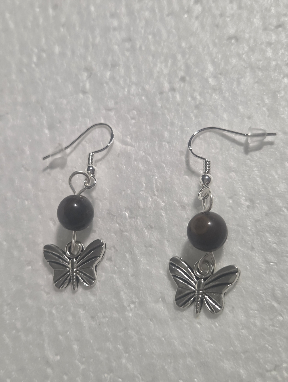 Handcrafted Silver Butterfly Drop Earrings with Brown Tiger Eye  Beads